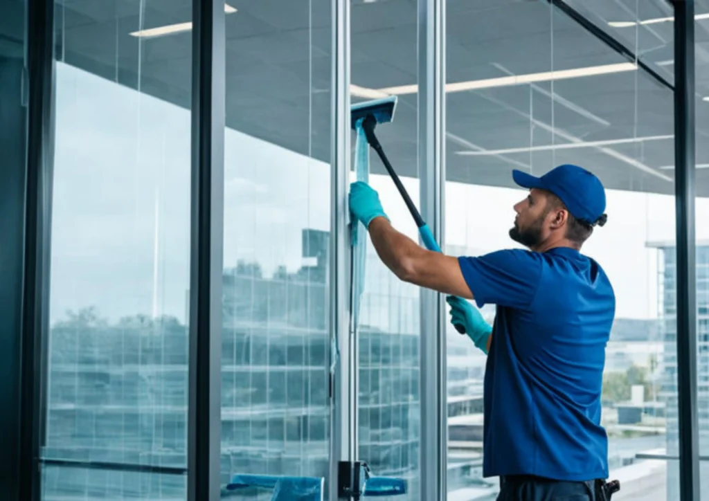 Fensterreinigung einer Glasfassade mit Abzieher